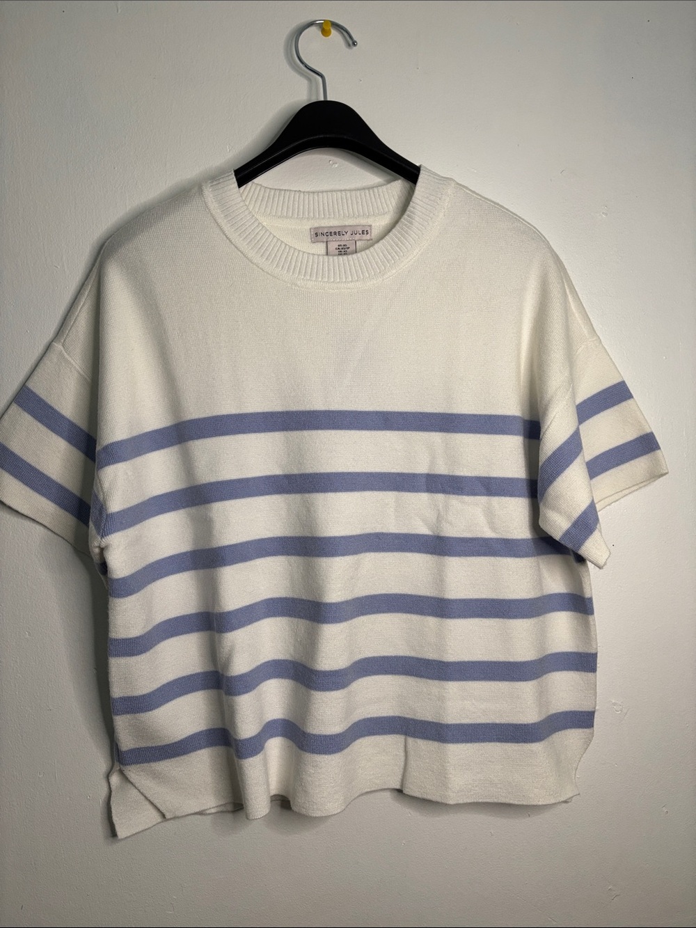 NWT Sincerely Jules White Short Sleeve Sweater with Light Blue Stripes